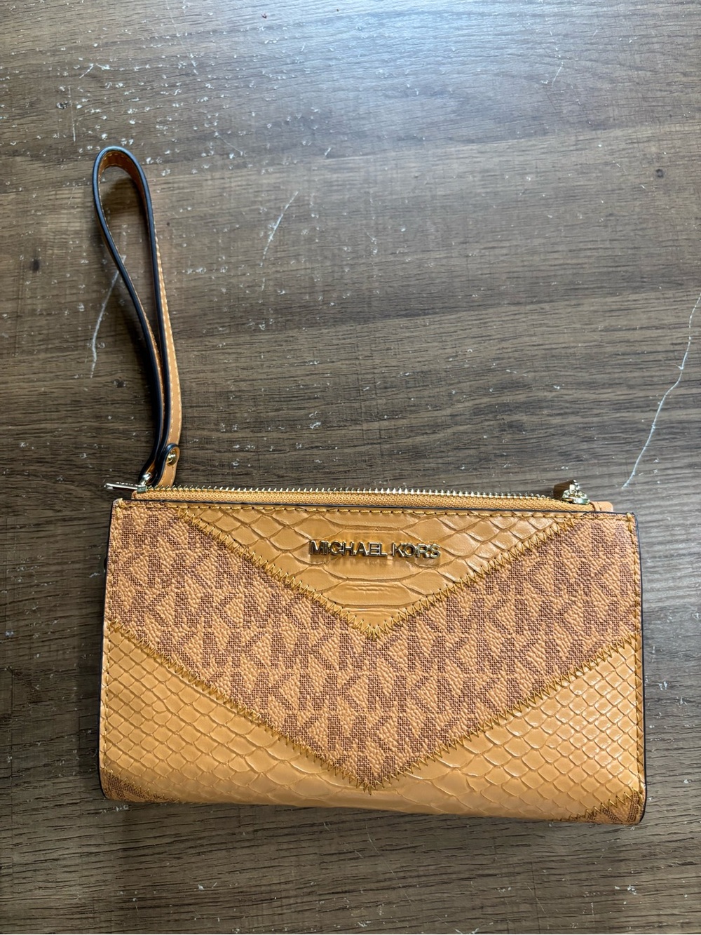 Michael Kors Brown Tan Logo-Accent Wristlet